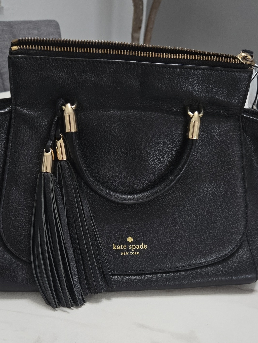 kate spade Black Leather Satchel with Gold Hardware and Tassel